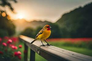 ein Gelb Vogel Sitzung auf ein hölzern Zaun. KI-generiert foto