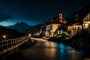 ein Fluss läuft durch ein Stadt, Dorf beim Nacht. KI-generiert foto