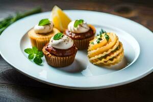 drei Mini Cupcakes auf ein Weiß Platte. KI-generiert foto