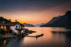 Foto Hintergrund das Himmel, Berge, See, Haus, das Haus, das See, das Haus. KI-generiert