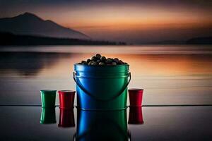ein Eimer von Wasser und Tassen auf ein Dock beim Sonnenuntergang. KI-generiert foto