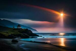 ein Leuchtturm und ein Regenbogen Über das Ozean. KI-generiert foto