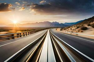 ein Autobahn mit ein Zug Vorbeigehen durch Es. KI-generiert foto