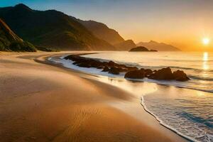 das Sonne steigt an Über das Ozean und Berge im diese schön Strand Foto. KI-generiert foto