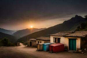 ein klein Dorf im das Berge mit ein Haus und ein klein Baracke. KI-generiert foto