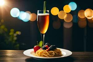 ein Teller mit Spaghetti und Beeren auf ein hölzern Tisch. KI-generiert foto