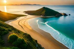 das Sonne setzt Über ein Strand und ein Berg. KI-generiert foto