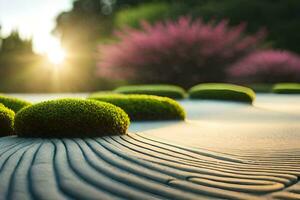 ein Garten mit Grün Gras und Felsen. KI-generiert foto