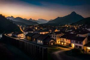 ein Stadt, Dorf beim Dämmerung mit Berge im das Hintergrund. KI-generiert foto