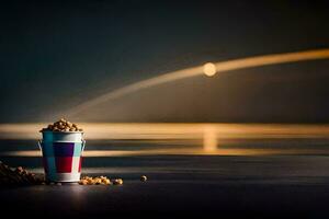 ein Eimer von Popcorn auf das Boden mit ein voll Mond im das Hintergrund. KI-generiert foto