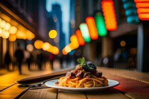 ein Teller von Spaghetti ist auf ein Tabelle im Vorderseite von ein Stadt Straße. KI-generiert foto