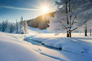 Schnee bedeckt Bäume und ein Strom im das Winter. KI-generiert foto