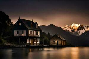 ein Haus sitzt auf das Ufer von ein See mit Berge im das Hintergrund. KI-generiert foto