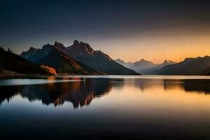 das Berge sind reflektiert im das Wasser beim Sonnenuntergang. KI-generiert foto