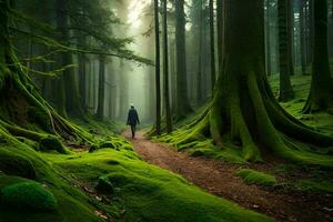 ein Mann Spaziergänge durch ein Wald mit moosig Bäume. KI-generiert foto