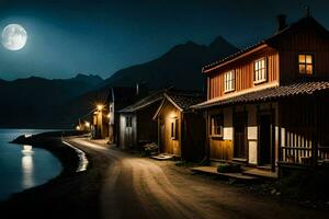 Foto Hintergrund das Mond, Nacht, Häuser, das Meer, das Berge, Norwegen, Die. KI-generiert