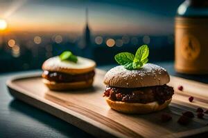 zwei Mini Burger auf ein hölzern Tablett mit ein Flasche von Wein. KI-generiert foto