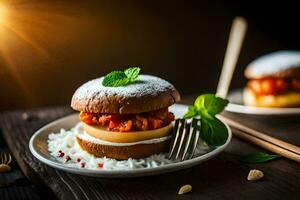 zwei Sandwiches mit Reis und Käse auf ein Platte. KI-generiert foto