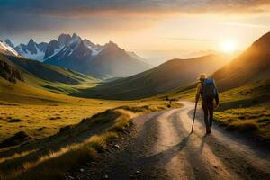 ein Mann mit ein Rucksack Spaziergänge Nieder ein Schmutz Straße im das Berge. KI-generiert foto