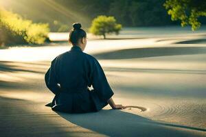 ein Frau im ein Kimono Sitzung auf das Sand. KI-generiert foto