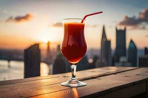 ein Glas von Orange Saft mit ein Aussicht von das Stadt. KI-generiert foto