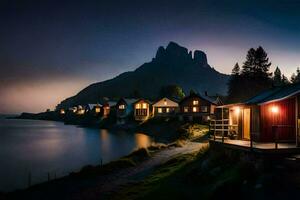 Foto Hintergrund das Himmel, Berge, Wasser, Nacht, das Meer, Häuser, das Küste,. KI-generiert