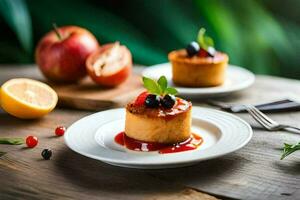 ein Dessert auf ein Teller mit Obst und ein Messer. KI-generiert foto