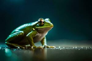 ein Frosch ist Sitzung auf das Boden mit Wasser Tröpfchen auf Es. KI-generiert foto