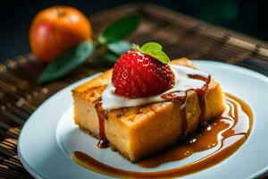 ein Scheibe von Kuchen mit ein Erdbeere auf oben und Karamell Soße. KI-generiert foto