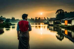 ein Mann Stehen im Vorderseite von ein Fluss beim Sonnenuntergang. KI-generiert foto