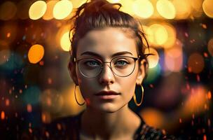 weiblich Brille Vorderseite Bokeh Foto. generieren ai foto