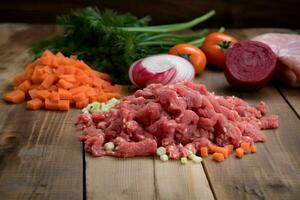 gehackt Fleisch Gemüse beim Küche Holz Tafel. generieren ai foto