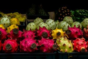exotisch Früchte Stall Stadt Markt. generieren ai foto