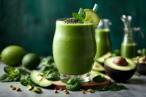 beschwingt Grün Smoothie Avocado, Spinat, Kiwi und Limette ai generiert foto