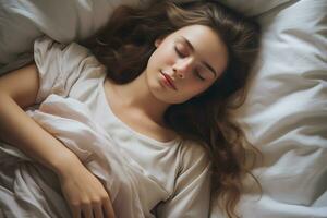 Mädchen schläft friedlich und süß im ihr Bett auf ihr zurück. ai generativ foto