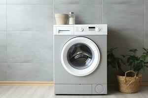 Badezimmer Innere mit modern Waschen Maschine und grau Wände. ai generativ foto