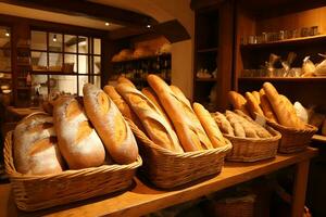 Brot Geschäft. verschiedene Typen von frisch Brot Brote und Französisch Baguettes auf Regale. ai generativ foto