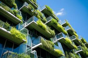 umweltfreundlich Gebäude im das modern Stadt. nachhaltig Glas Büro Gebäude mit Baum zum reduzieren Kohlenstoff Dioxid. Büro Gebäude mit Grün Umfeld. korporativ Gebäude reduzieren co2. generativ ai foto