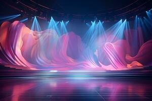 modern tanzen Bühne Licht Hintergrund mit Scheinwerfer beleuchtet zum modern tanzen Produktion Bühne. leeren Bühne mit dynamisch Farbe wäscht. Bühne Beleuchtung Kunst Design. Unterhaltung zeigen. generativ ai. foto