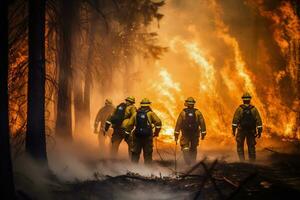 Feuerwehrleute kämpfen Wald Feuer. natürlich Katastrophe Unfall. generativ ai foto