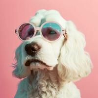 Hund im Sonnenbrille Porträt, modisch Rosa Hintergrund ai generativ foto