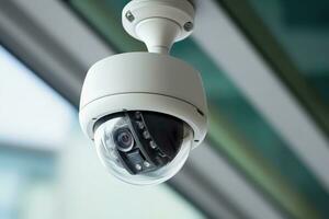 Sicherheit runden Kuppel Überwachung Kamera auf Wand, modern Gebäude. cctv im Stadt ai generativ foto