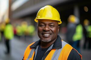 Mitte alt afrikanisch männlich Baumeister Arbeiter im schwer Hut, Mann beim Konstruktion Seite? ˅ im Sicherheit Helm und Arbeit Weste ai generativ foto