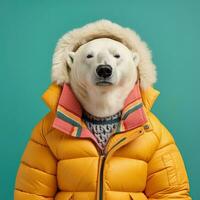 Polar- Bär im Winter Pelz Kapuze Jacke. Mode Porträt. Pop Kunst Lebensstil ai generativ foto