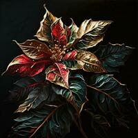 ai generiert Luxus Blumen- Öl malen. Gold und rot Weihnachten Weihnachtsstern Blume auf schwarz Hintergrund foto