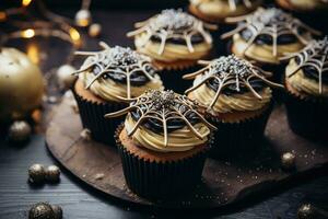 ai generiert Schokolade Spinne Cupcakes Süßigkeiten zum Halloween Party. festlich Urlaub Essen foto