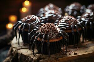 ai generiert Schokolade Spinne Cupcakes Süßigkeiten zum Halloween Party. festlich Urlaub Essen foto