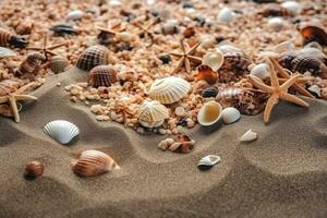 fotorealistisch generiert Bild von Meer Sand mit Seesterne, Muscheln und klein Steine, Perspektive Sicht. Meer Sommer- Ferien Konzept. Ferien Erinnerungen. ai generativ foto