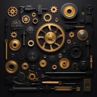 ai generiert Knolling Objekt trennen Teil von Ausrüstung mechanisch. Gold und schwarz Thema. Hintergrund Hintergrund. foto