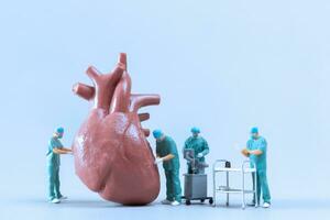 Miniatur Menschen Arzt Überprüfung und Analyse Herz Modell- , Wissenschaft und Medizin Konzept foto